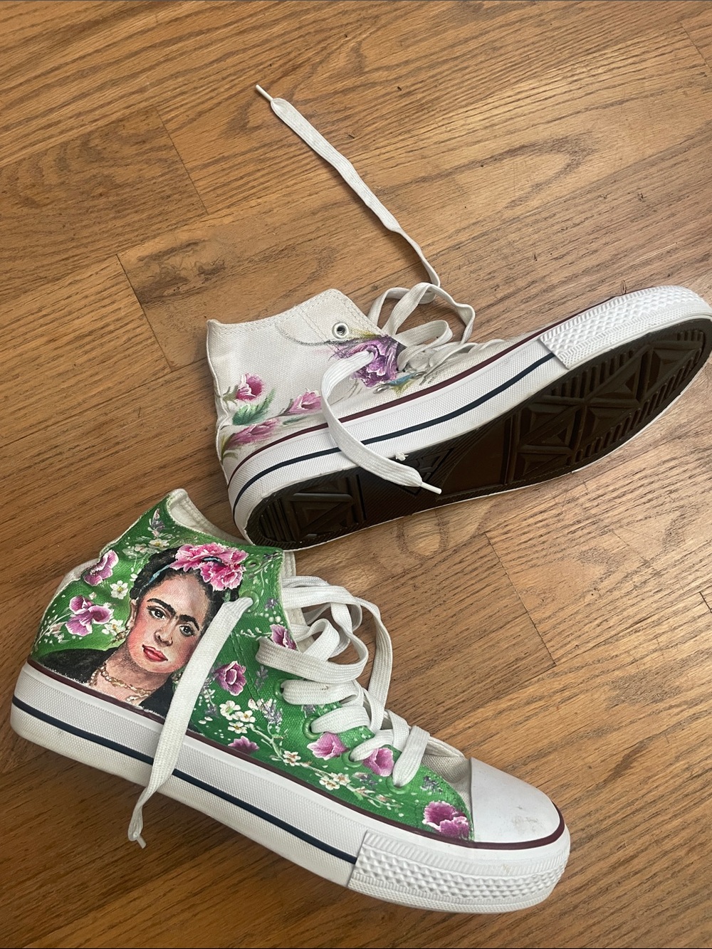 Hand-Painted Green Floral High-Top Sneakers with White Accents